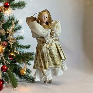 Rare Vintage Dancing Angel Ornament Gold Victorian Porcelain Angel Xmas Ornament